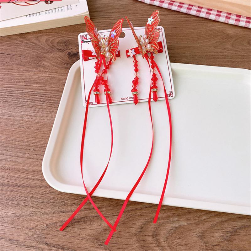 Детские новогодние заколки для волос в китайском стиле, милые плюшевые банты, кисточки, украшения, заколки, шпильки, аксессуары для волос в стиле ханьфу для девочек