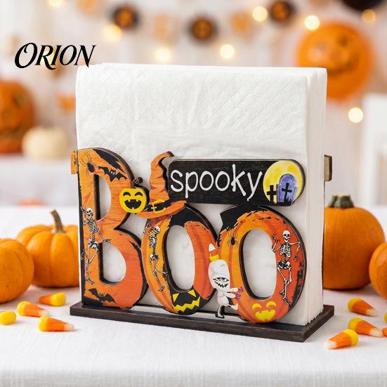 BOO Орнамент для хранения букв Хэллоуин Деревянный держатель для салфеток, Милый пастельный тыква-призрак Черный кот Настольный диспенсер для салфеток, Водонепроницаемый настольный