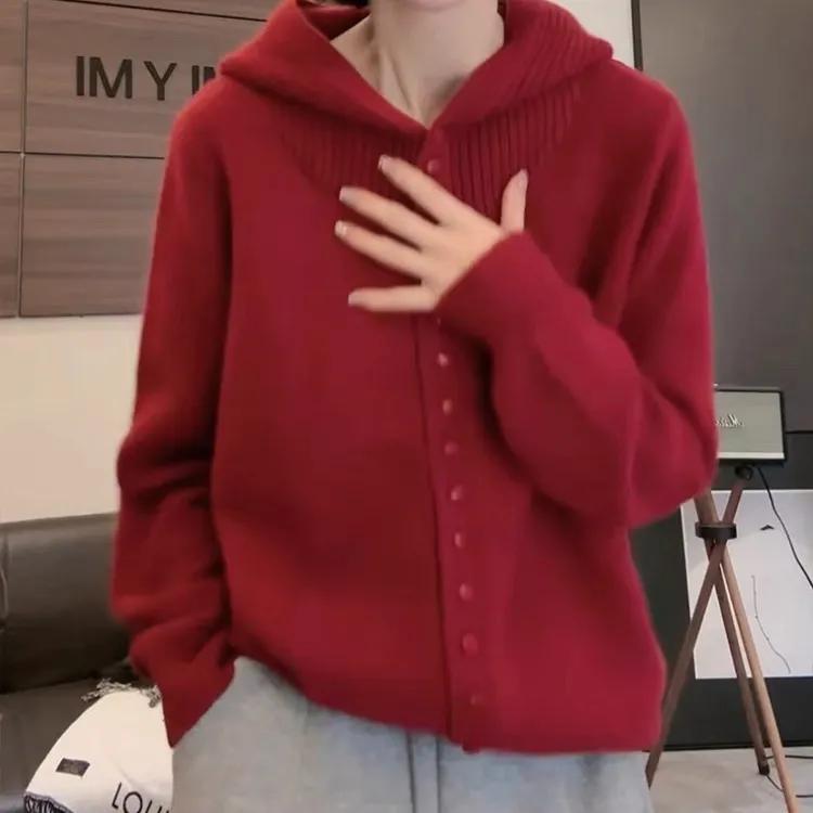 Women Autumn Hooded Sweater Lazy Style Soft Knitted Cardigan Outerwear