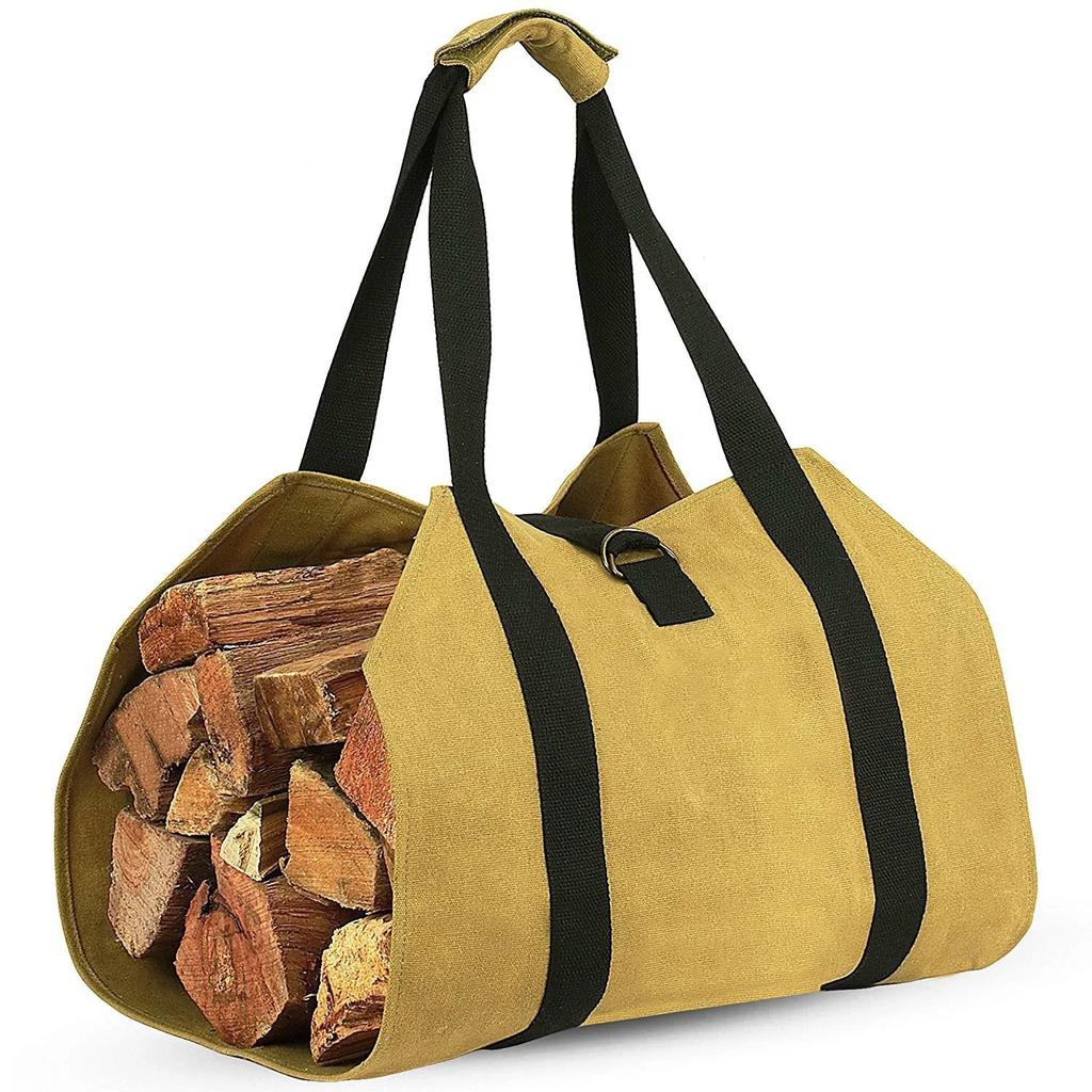 Heavy Duty Waxed Canvas Log Tote Bag Firewood Carrier with Handles for Fireplace Fire Pit Camping Wood Storage Holder