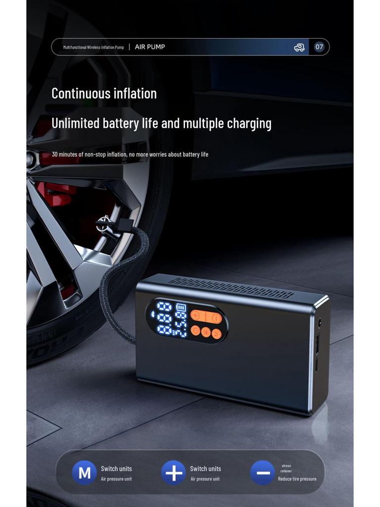 Портативный умный цифровой автомобильный воздушный насос: Компактный ручной насос высокой мощности с цифровым дисплеем