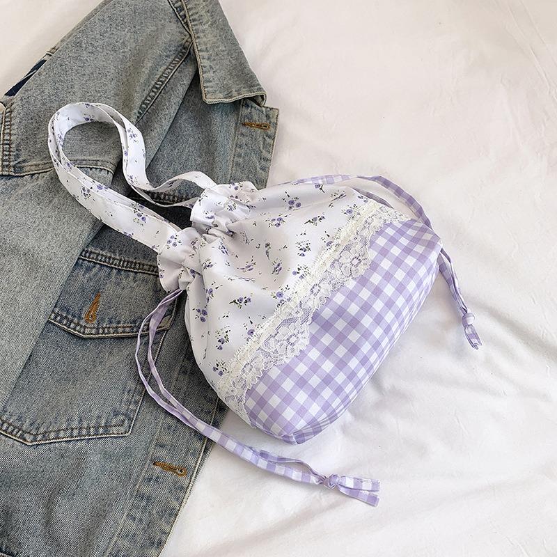 Летняя маленькая свежая милая клетчатая сумка из нейлона с бантом, новый нишевый дизайн, нежное кружево на плечо