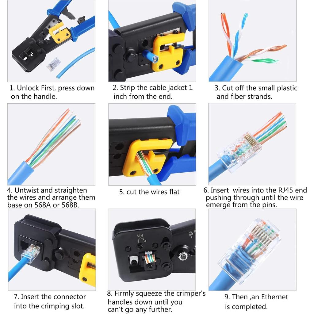 Обжимной инструмент RJ45 Ethernet-кримпер для разъемов Cat6 Cat5 Cat5e RJ45 сквозных и разъемов RJ12 Поставляется с 20 шт. разъемов RJ45 Cat6