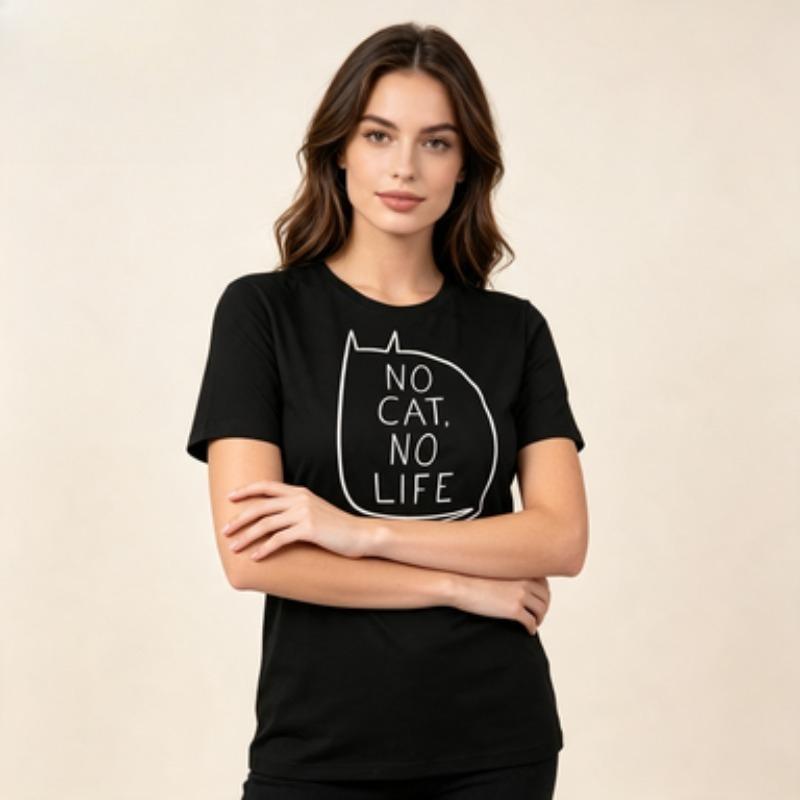 Minimalist Pet Unisex Cotton T Shirt Simple Line Cat No Cat No Life Graphic Funny Cat Owner Casual Loose Fit Short Sleeve Tops
