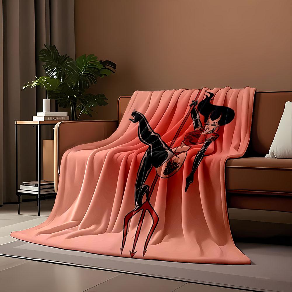 A figure themed as a devil pole-dancing on a trident, with bold colors. for all seasons blanket lunch break throw gift