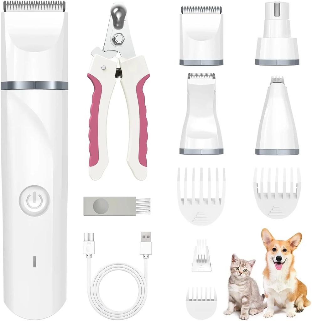 Dog Hair Clipper 4-in-1 Grooming Set Low Noise USB Rechargeable Pet Clipper Suitable for Large and Small Dogs Cats Professional Pet Grooming Clipper