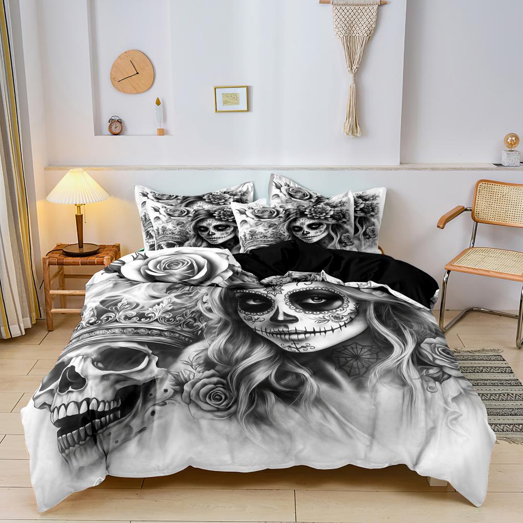 3 предмета Готический мексиканский сахарный череп Женщина Пододеяльник Постельное белье Цветочные и черепные узоры - Идеально для празднования Дня мертвых