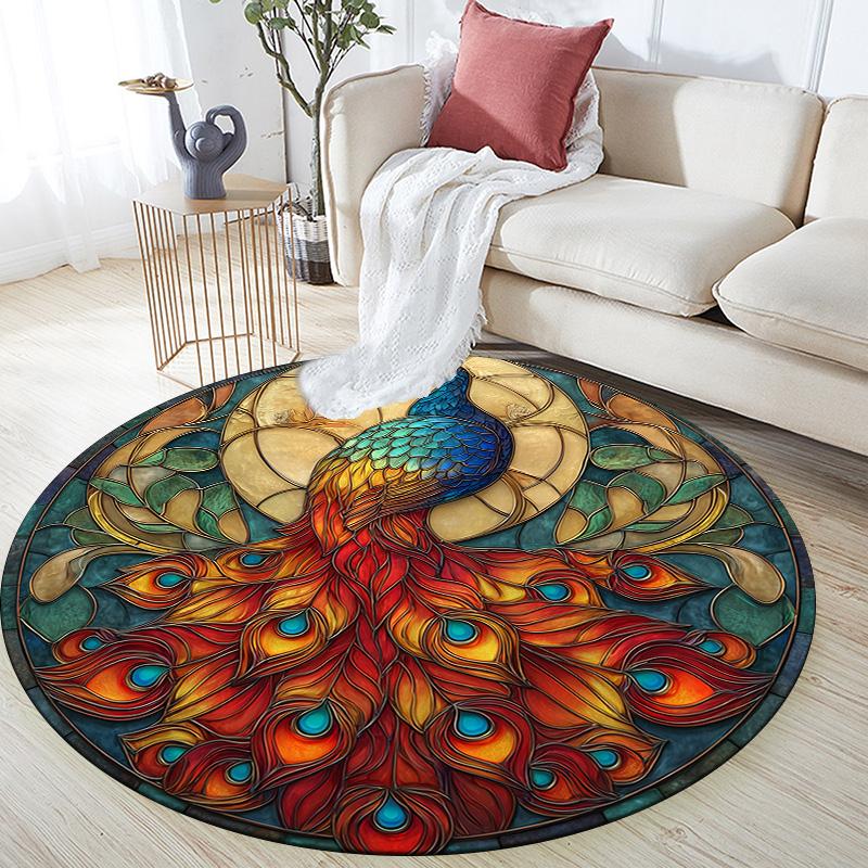 Stained Glass Peacock Round Area Rug,Carpet Rug for Living Room Bedroom Sofa Playroom Decor,Non-slip Floor Mat