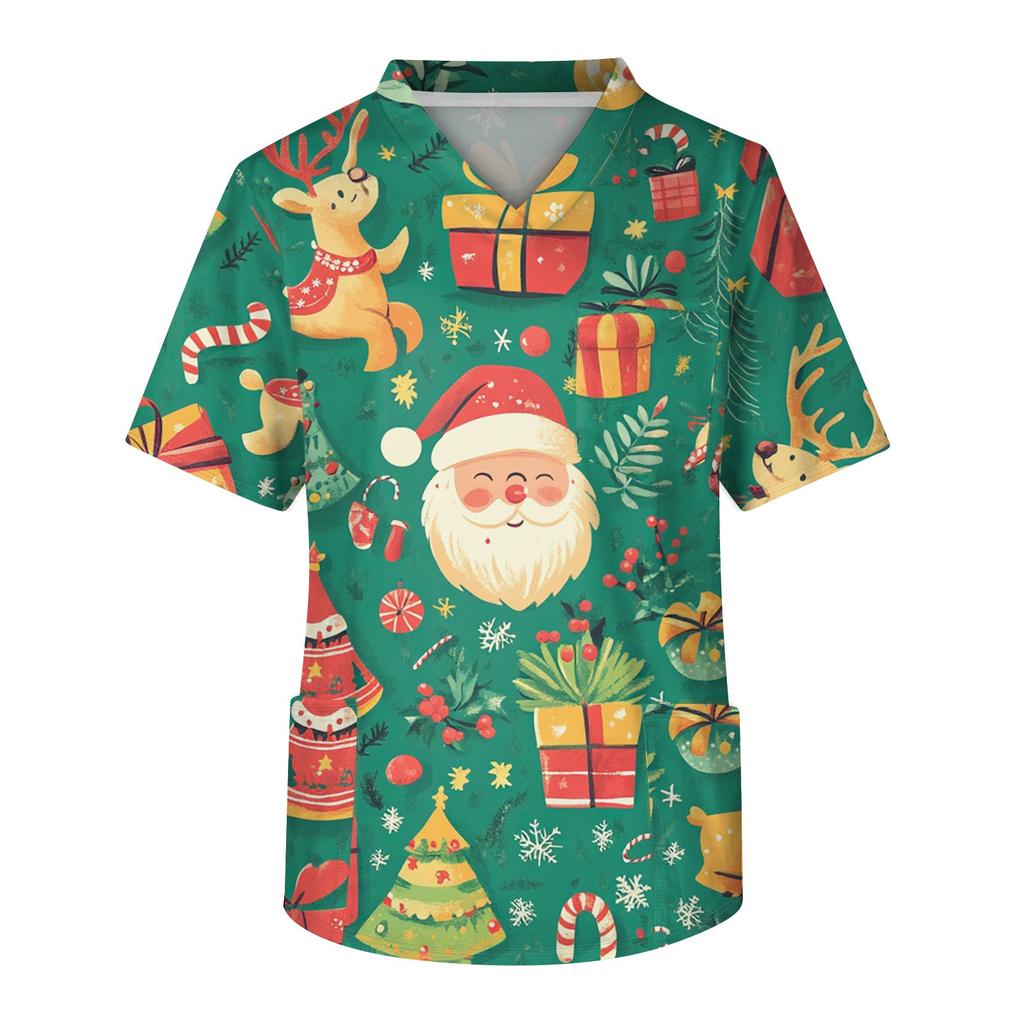 Мужской топ с коротким рукавом, V-образным вырезом, рождественским принтом и нагрудным карманом