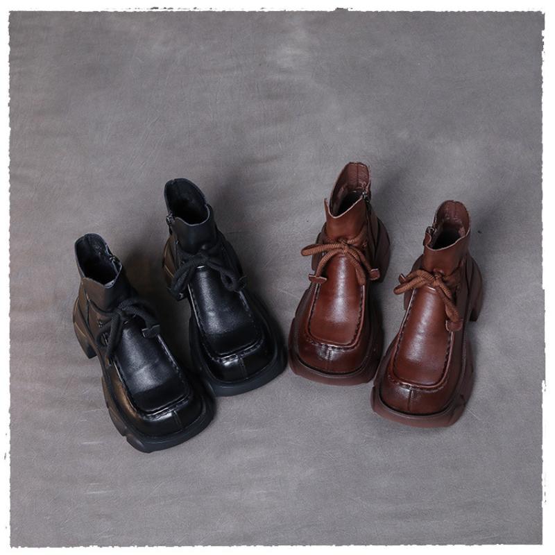 Johnature Короткие сапоги на платформе из натуральной кожи в стиле ретро. Женская обувь. Сапоги с квадратным носком на толстой подошве.