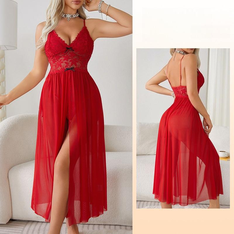 Сексуальная сетчатая кружевная ночная рубашка большого размера с высоким разрезом, длинная комбинация, разноцветная одежда для дома 681, стильная одежда для сна, разработанная для фигур с изгибами