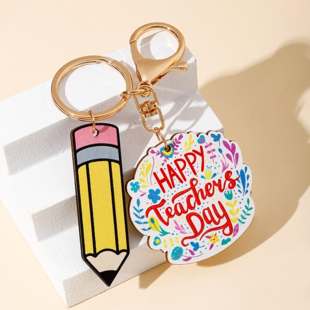 Wooden Teacher's Day Keychain Geometric Shape Teacher Education Pendant Teacher's Day Gift
