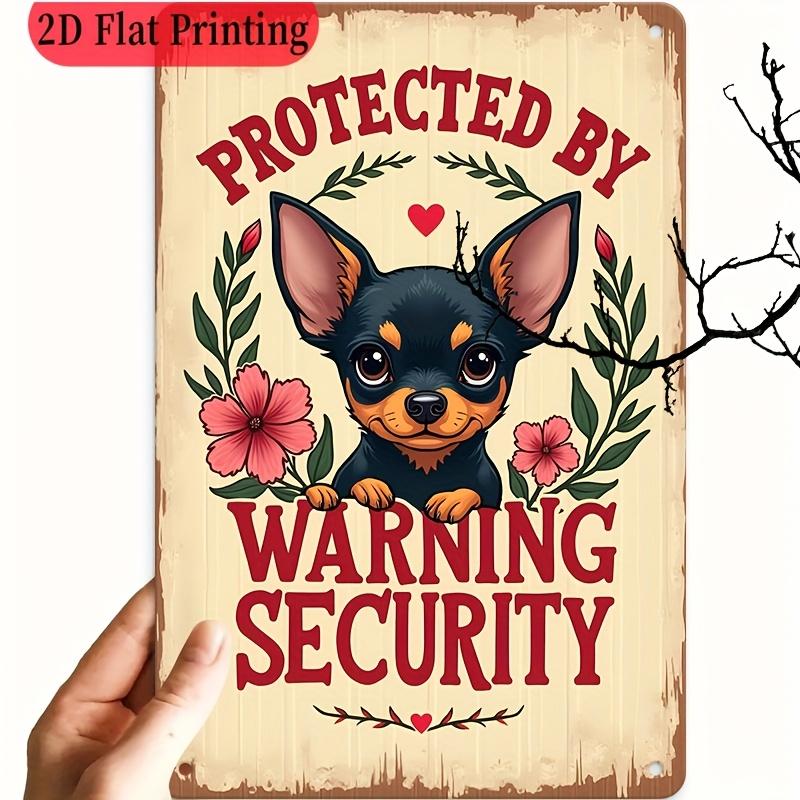 Vintage Cute Chihuahua Cartoon Protected By Warning Security Pet Guardian Sign High Definition Metal Tin Sign Wall Art HD Pr