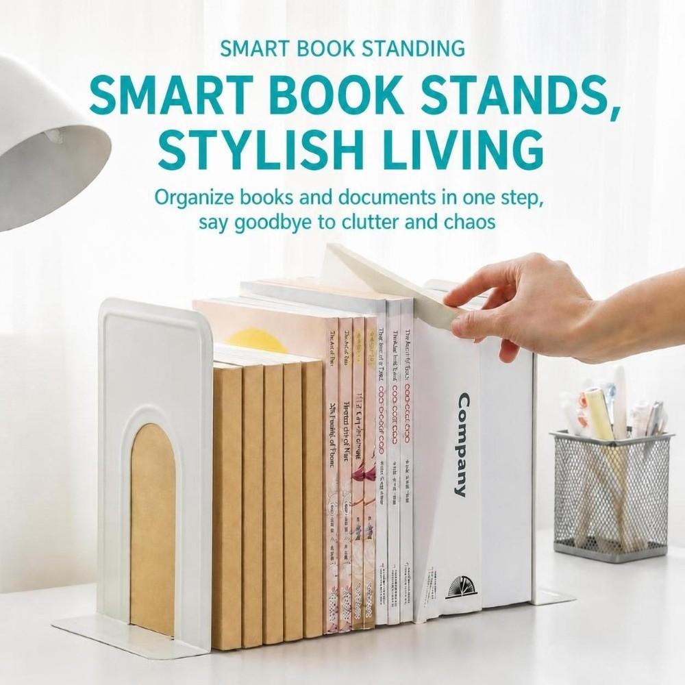 2Pcs T-Shape Metal Bookends Round Top Non-slip Book Holder Portable Book Stopper Students