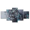 Roaring White Tiger Animal Abstract Scene 5 Piece Five Panel Wall Canvas Print Modern Art Poster Picture Home Decor Gift For Him For Her