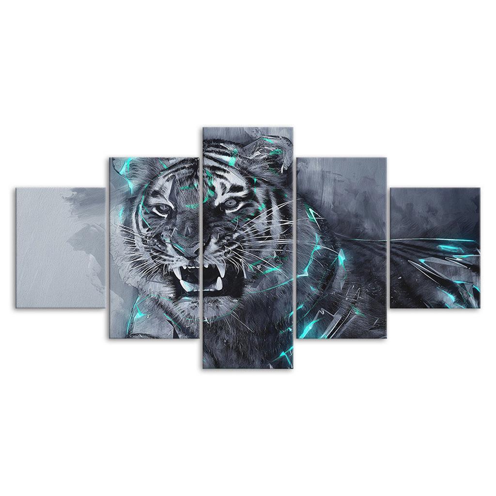 Roaring White Tiger Animal Abstract Scene 5 Piece Five Panel Wall Canvas Print Modern Art Poster Picture Home Decor Gift For Him For Her