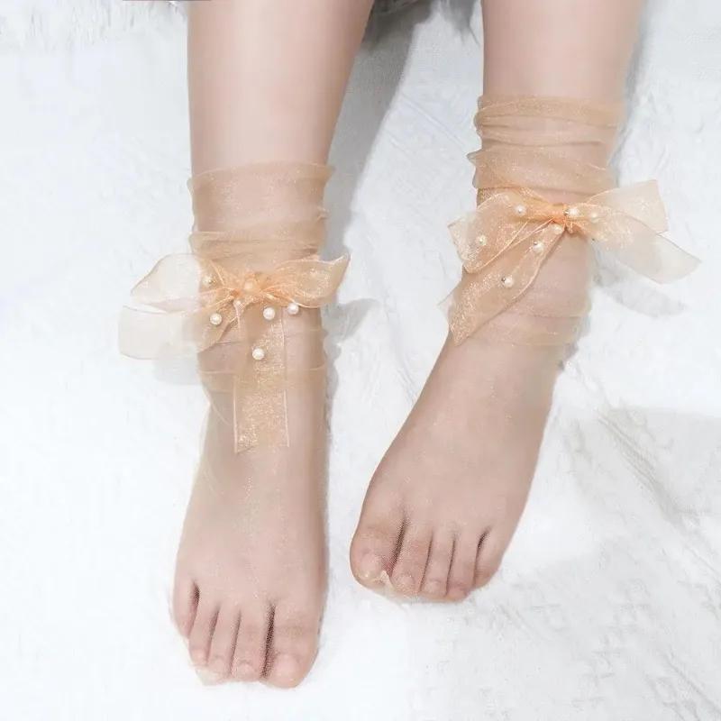 Summer Ultra-Thin Tulle Socks Women Transparent Pearls Long Socks Female Chiffon Lace Up Funny Socks Streetwear