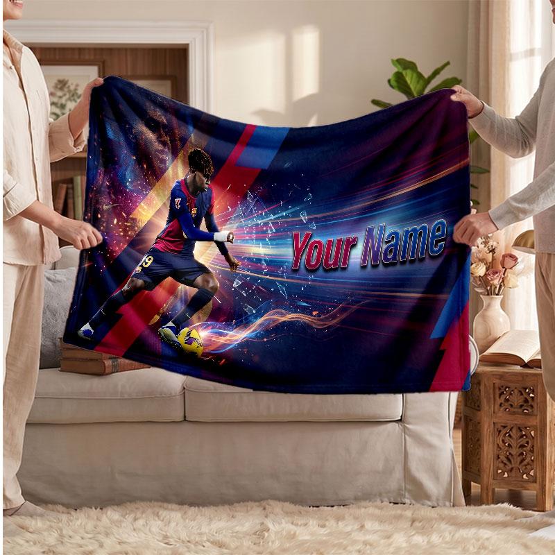 Lamine Yamal Personalized Fleece Blanket With Football Logo, Custom Name Text Soft Warm Home Throw Blanket