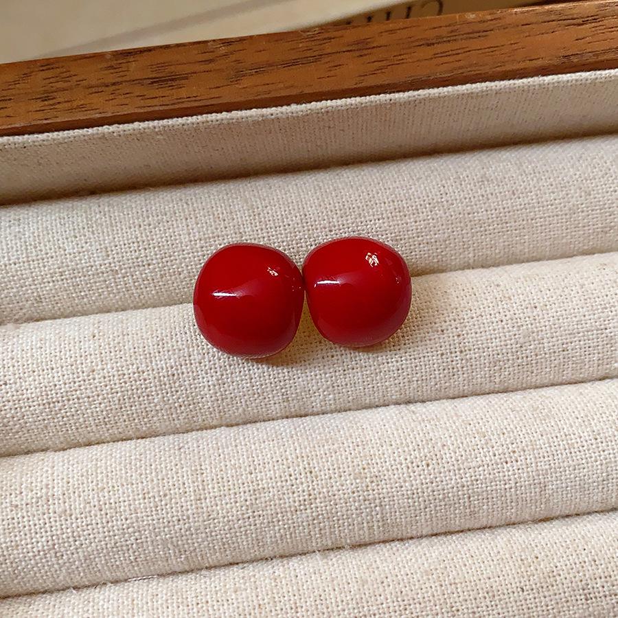 Ankara Red Stud Earrings: Silver Needle Drip Oil, Simple and Versatile Fashion for Women.