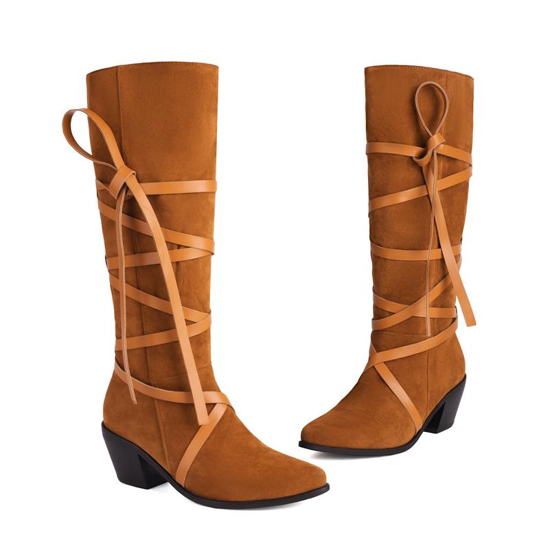 FOREADA Women Knee High Long Boots Round Toe Block High Heels Cross Strap Gogo Boots Ladies Fashion Shoes Winter Yellow Black 46