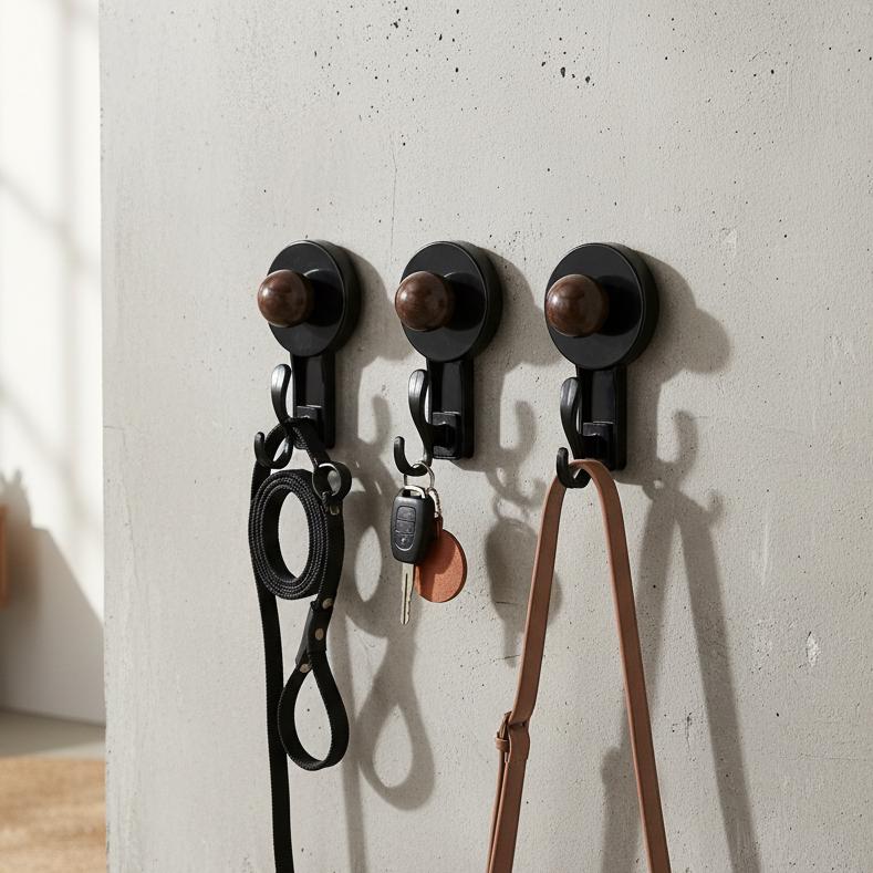 Solid Black Wood Grain Suction Hook No Residue for Wall and Door Organization