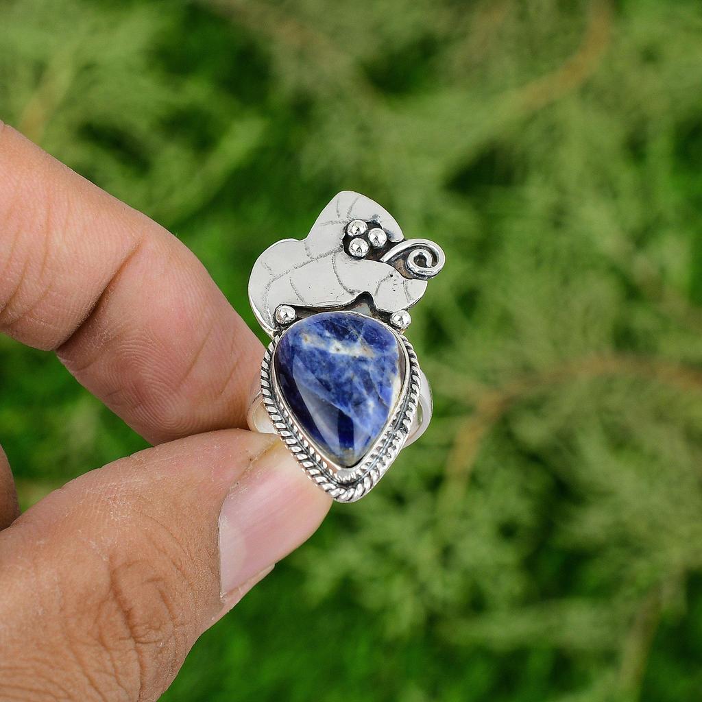 Натуральный Содалит Камень Штабелируемое Синее Кольцо Размер 7.5 Стерлинговое Серебро 925 пробы