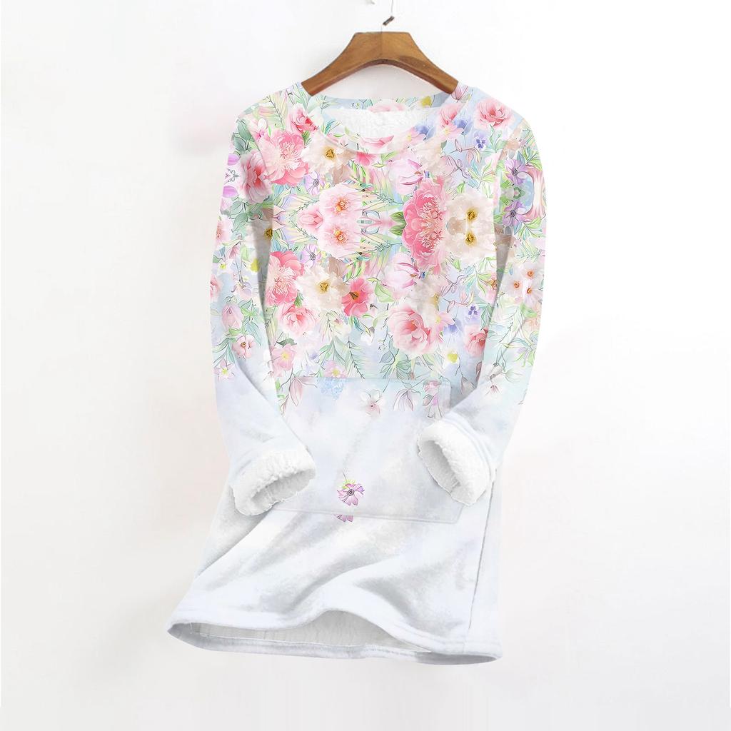 Женский модный плюшевый теплый пуловер с принтом, круглым вырезом и длинными рукавами