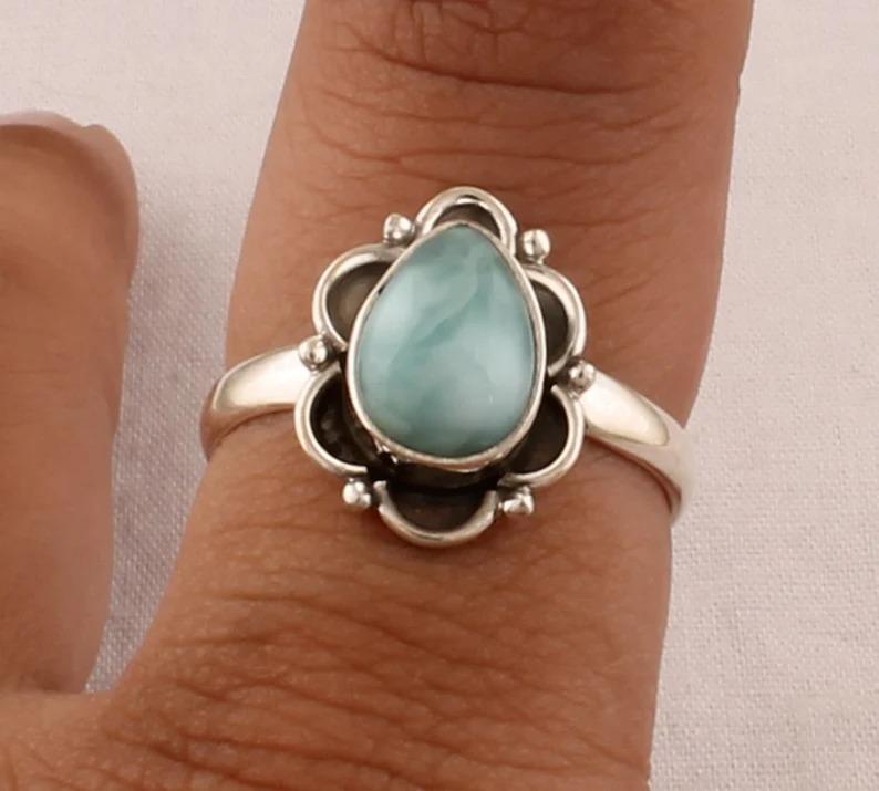 Кольцо с натуральным драгоценным камнем ларимар, ювелирные изделия из камня, кольцо с грушей, кольцо из серебра 925 пробы, дизайнерское кольцо ручной работы, уникальный подарок, обручальное кольцо