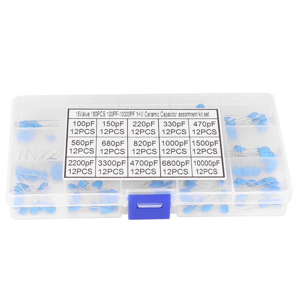 180 Pcs 100pF, 10000pF 15 Value 1kV Ceramic Capacitor Assortment Kit, Compact with Stable Capacitance, Great for Electronics Professionals or Enthusia