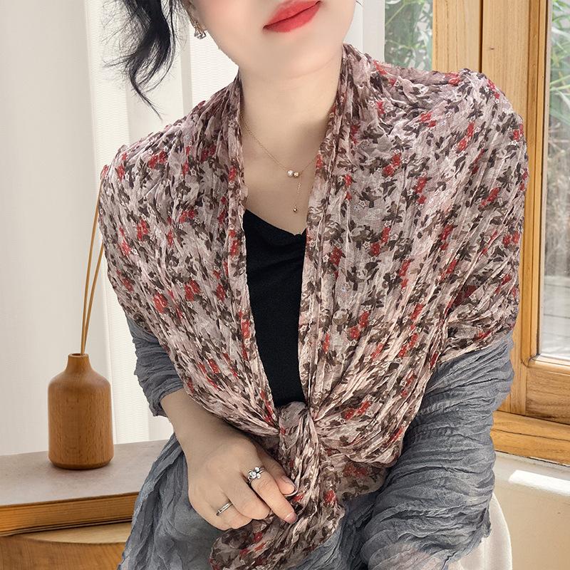 Small Floral Thin Mori Age-reducing Wrinkled Sunscreen Silk Scarf Women's Summer New Versatile Shawl Fashion Trends