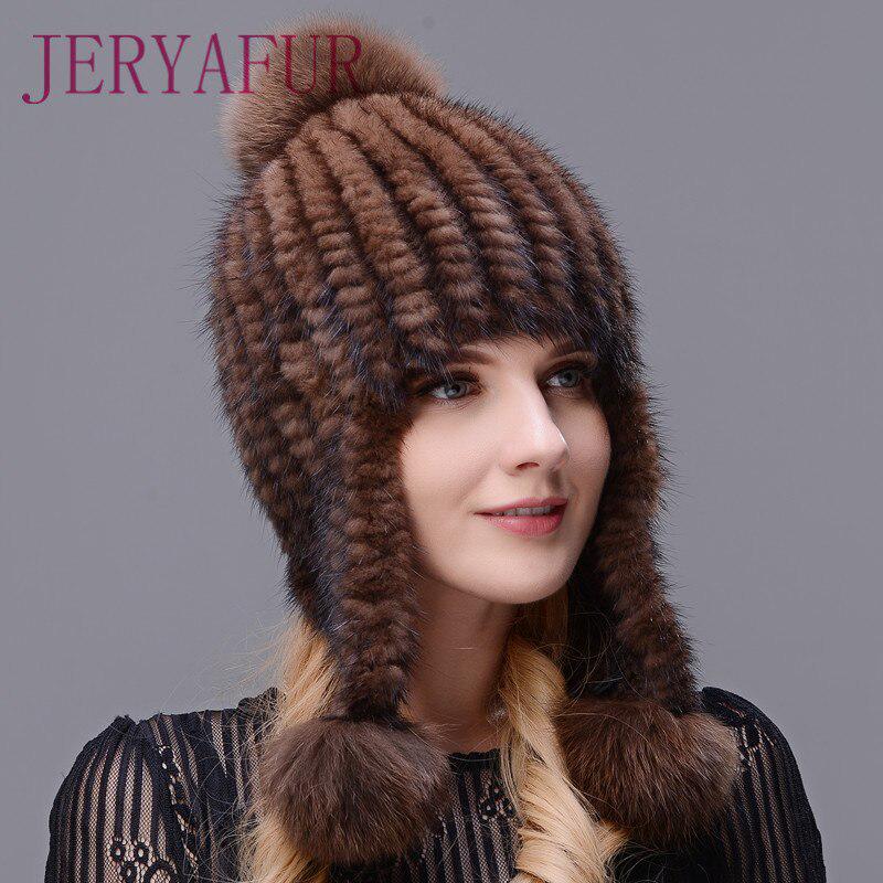 JERYAFUR Шапка с кисточками и помпоном из натурального меха