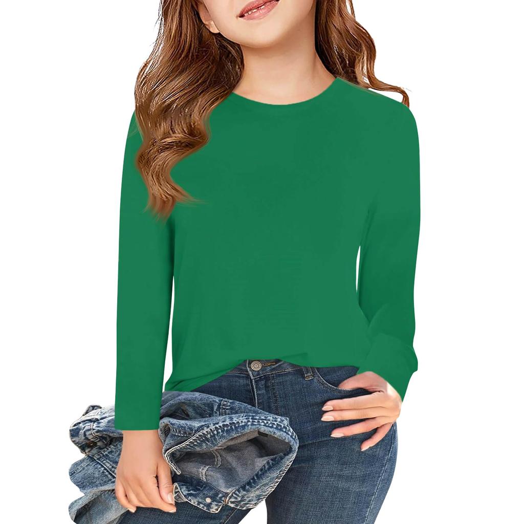 Футболки с длинным рукавом для девочек, детские осенние топы с круглым вырезом, базовые футболки для детей 5–14 лет