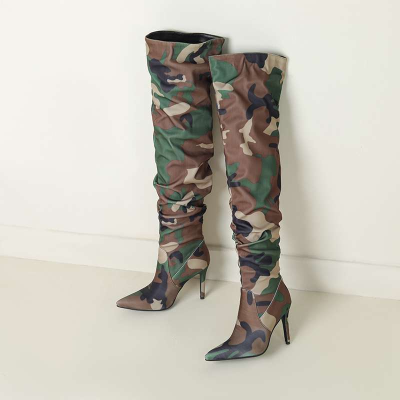 lenkisen Fabric Camouflage Pattern Autumn Winter Shoes Super Thin High Heels Pleated Boots European Keep Warm Over-the-knee Boots