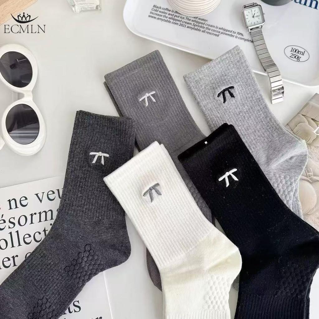 Женские носки из чистого хлопка средней длины, носки для девочек с вышитым бантом, дышащие простые носки для колледжа