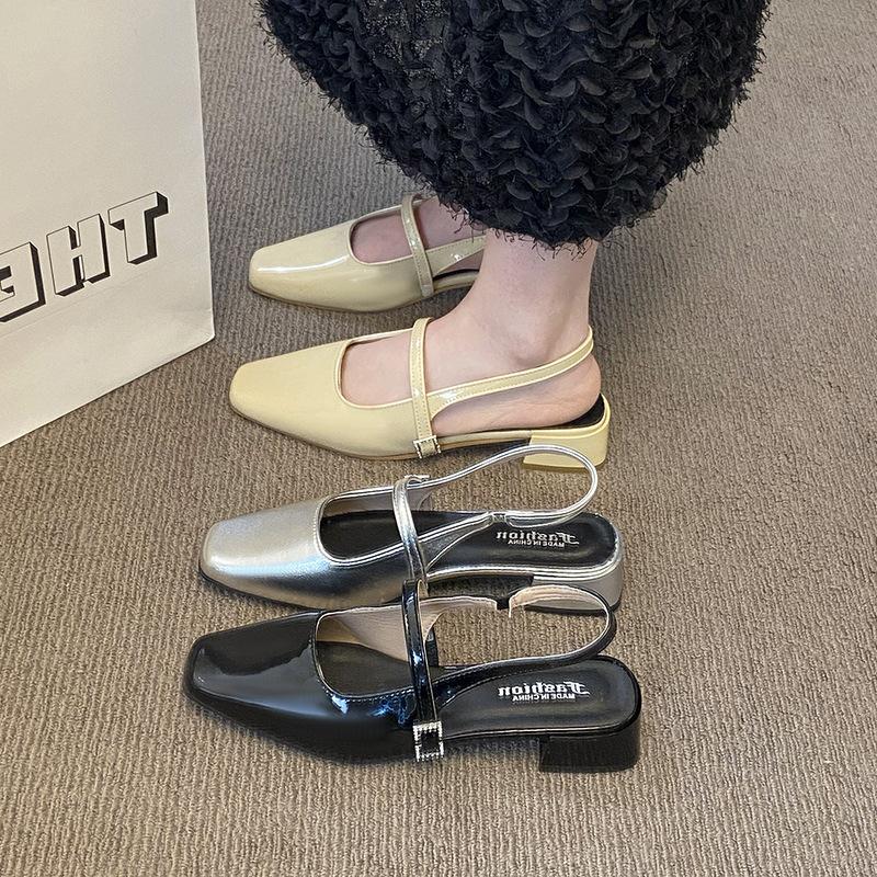 Французский маленький ароматный стиль пустая спина сумка голова сандалии женские толстый каблук темперамент слово с мелким вырезом туфли Мэри Джейн одинарные туфли сандалии