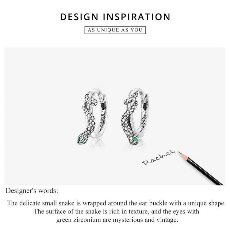 BAMOER 925 Sterling Silver Snake Ear Buckles Inlaid with Green Zirconium Women Hoop Earrings Fine Jewelry Women Statement Gift