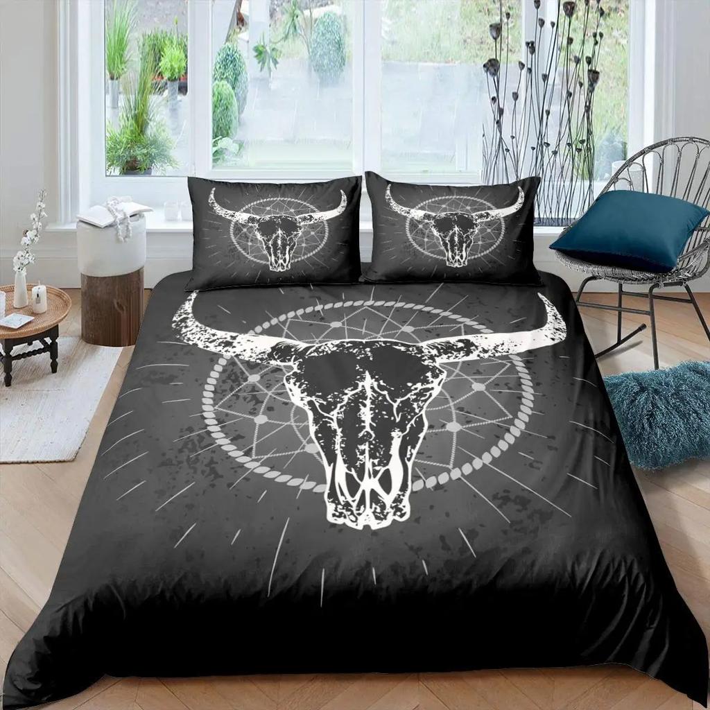 Пододеяльник с изображением черепа коровы Queen Подсолнух Комплект постельного белья с изображением скелета коровы/быка Ботанический цветочный узор с листьями Бохо Племенной полиэстеровый пододеяльник