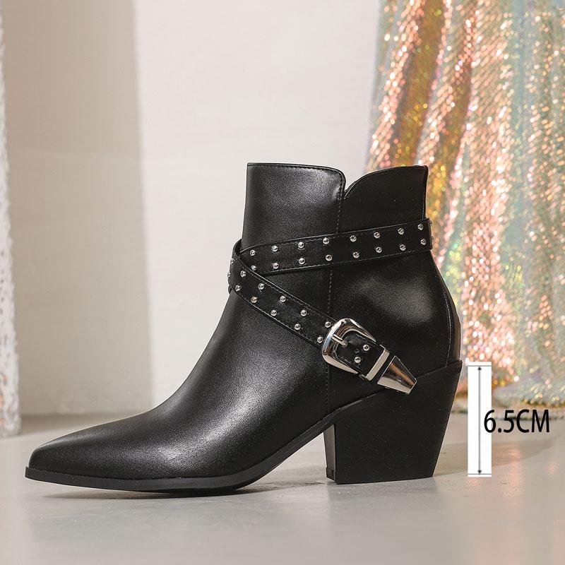Eilyken Winter Design Western Women Ankle Boots Fashion Rivet Belt Buckle Pointed Toe Square Low Heels Zipper Shoes