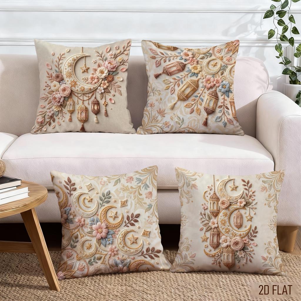 4Pcs Ramadan Moon Star Lantern Cushion Cover Arabic Floral Pillow Case Polyester Home Decor Sofa Living Room Bedroom 2D Flat
