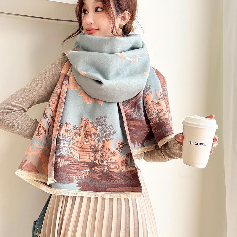 Scarf Women'S Autumn And Winter New Item Cashmere Blend Double-Sided Color Warm Shawl Thick Long Scarf High-End Sense Fashionable And Versatile