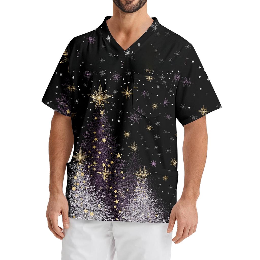 Мужская рабочая блузка с короткими рукавами и v-образным вырезом с принтом, топ с нагрудным карманом