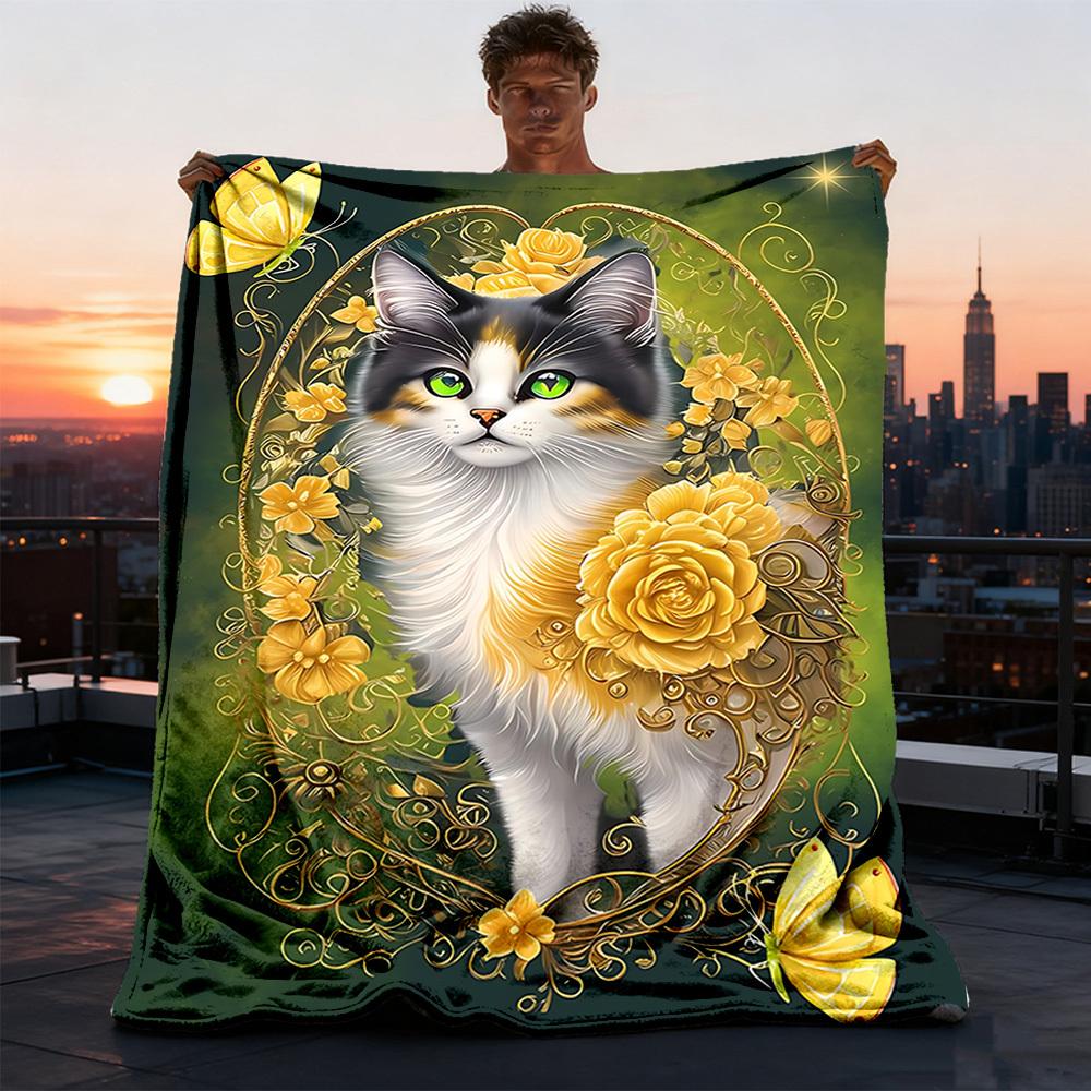 1pc Cat, Flowers Outdoor Personalized Flannel Blanket, Soft, Lightweight Personalized Flannel Blanket, Digital Printing,