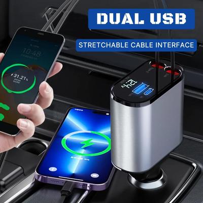 Сверхбыстрое автомобильное зарядное устройство с двумя USB-портами, 100 Вт, 4 в 1, USB-зарядка, масштабируемый кабель, интерфейс, автомобильные принадлежности, автомобильный адаптер для iOS Type C