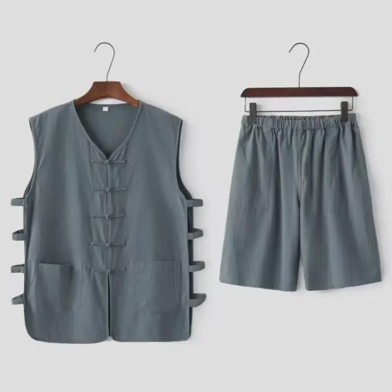 Мужской костюм Тан на весну и осень: Костюм из двух частей в китайском стиле из хлопка и льна с пуговицами