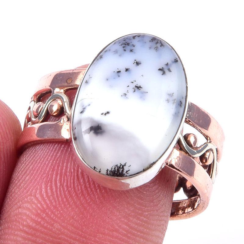Natural Dendrite Opal Gemstone 925 Sterling Silver TwoTone Gift Ring S.9 L8m84