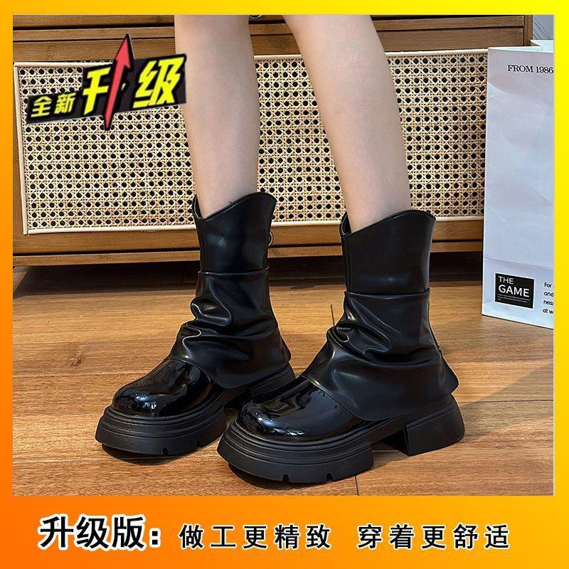 Толстый каблук толстая подошва короткие голенища маленькие тонкие одинарные ботинки 2025 осень и зима новая мода универсальные увеличивающие рост ботинки Мартин короткие ботинки женские