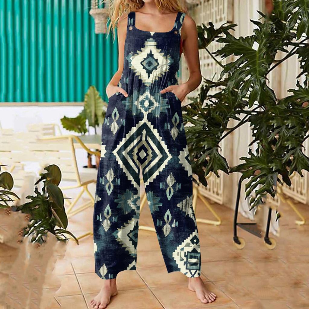 Женский модный повседневный свободный комбинезон с широкими штанинами и винтажным принтом, с лямками на спине