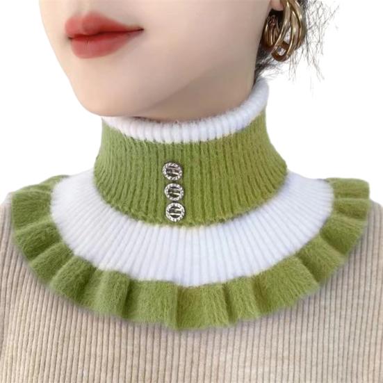 Women Winter Scarf Fake High Collar Color Matching Ruffle Rhinestone Decor Knitted Elastic Warm Windproof Neck Protection Decorative Neck Warmer KTB