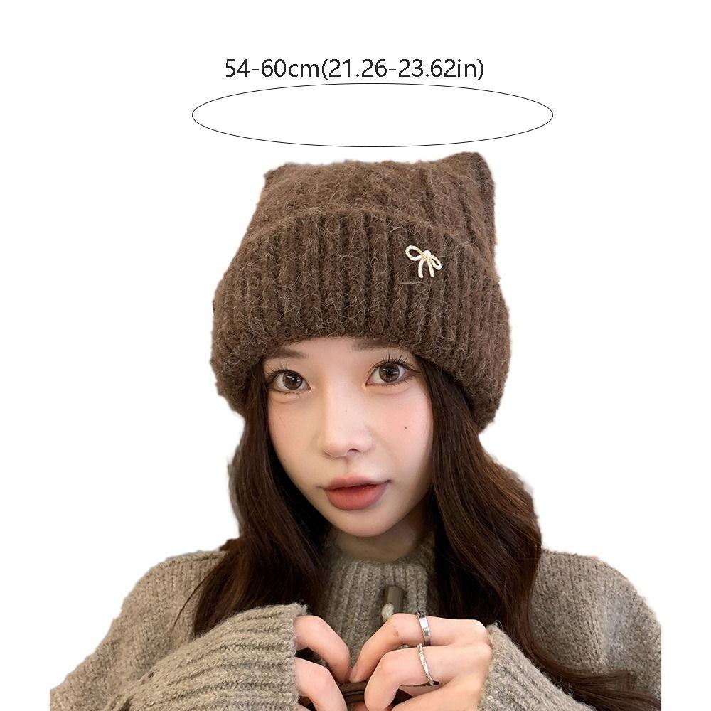 Casual Solid Color Cat Ears Pullover Hat Warm Japanese Style Woolen Knitted Hat Bow Ear Protection Women Beanie Hat Girls