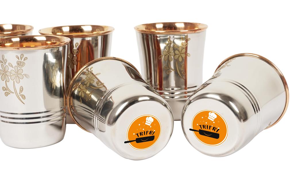 Trifri Набор из 6 стаканов для воды ручной работы, снаружи нержавеющая сталь, рельефный дизайн, внутри медь с аюрведическими преимуществами для здоровья